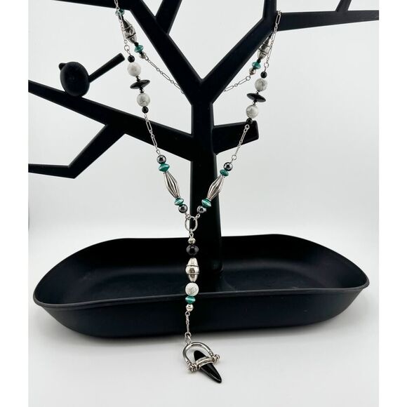 Turquoise Howlite Obsidian Silver Vintage Necklace Retro 80s Handmade Artisan - Picture 6 of 11